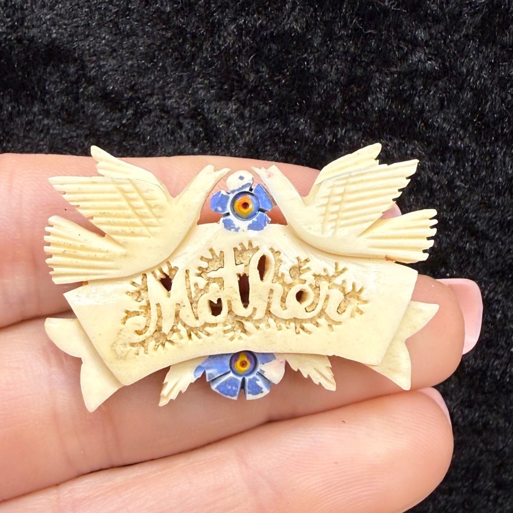 Vintage Carved Celluloid Brooch Birds Flowers Mother